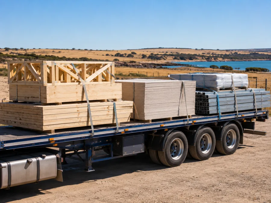 Timber and sheet materials on a trailer at a lower Eyre Peninsula site