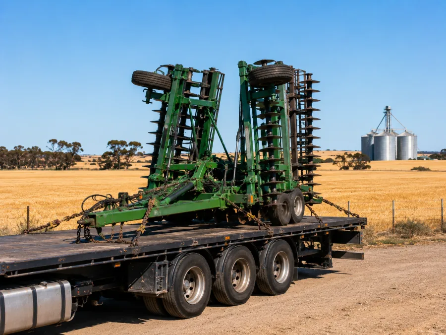 Folded farm implement chained on a trailer in Eyre Peninsula grain country