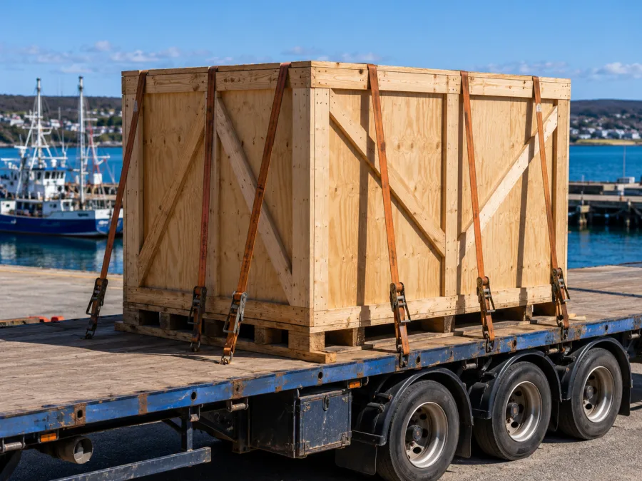 Timber-crated machine strapped to a trailer with the Port Lincoln harbour behind