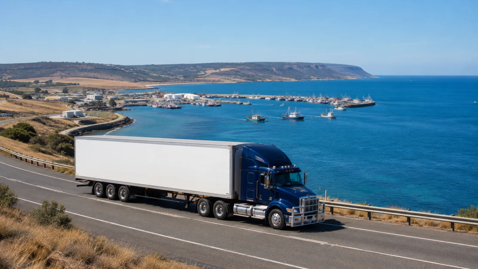 Semi-trailer approaching Port Lincoln above the working fishing harbour