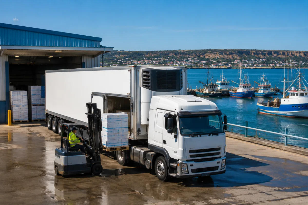 Refrigerated trailer loading seafood at a Port Lincoln harbour facility