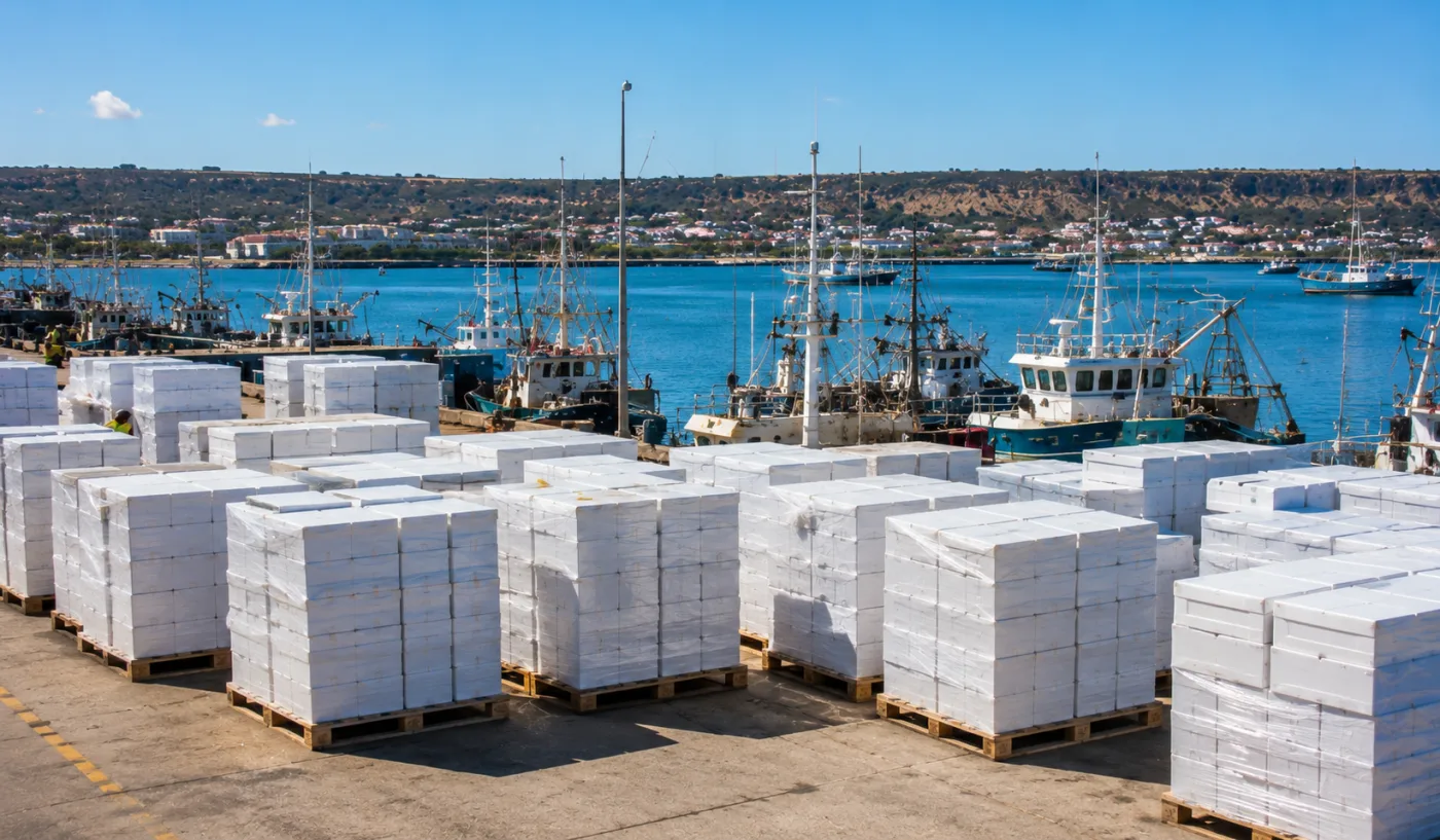 Insulated seafood boxes staged on the Port Lincoln wharf for Adelaide