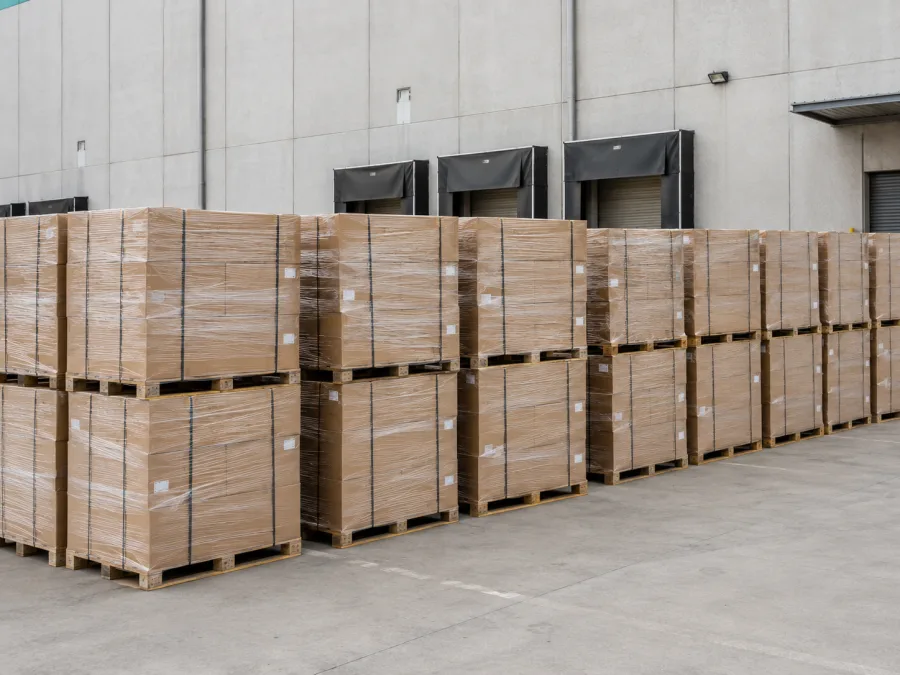 Rows of wrapped pallets staged on a Western Sydney dock apron