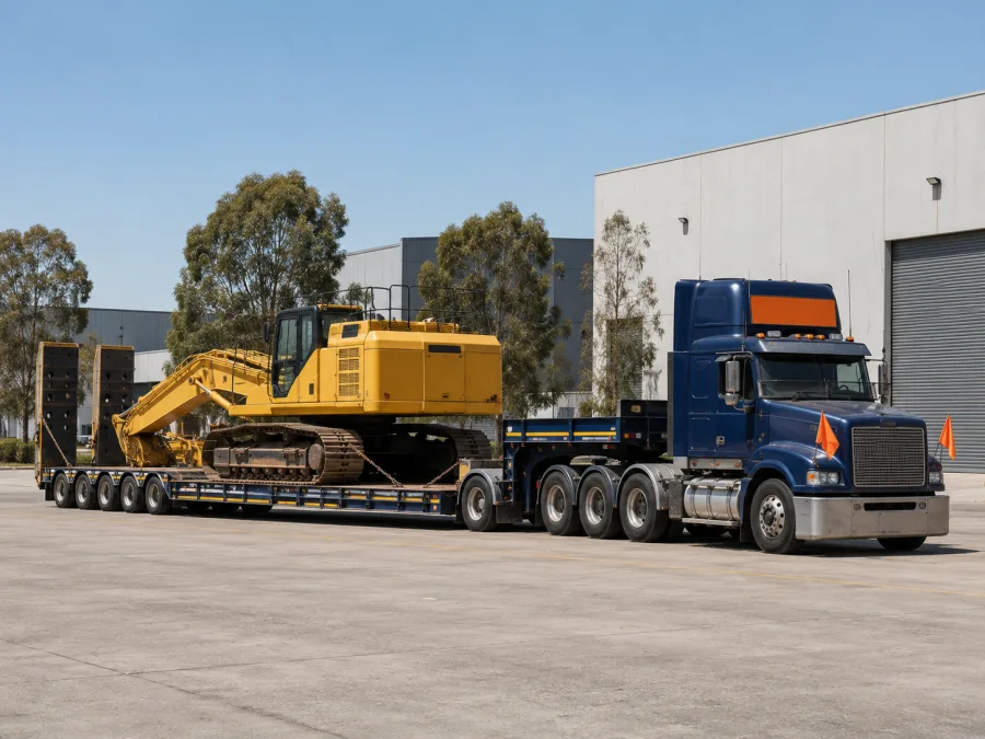 Oversize machine on a low-loader at a Sydney industrial yard