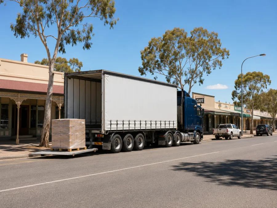 Pallet delivered from the tail-lift outside a Riverland town business