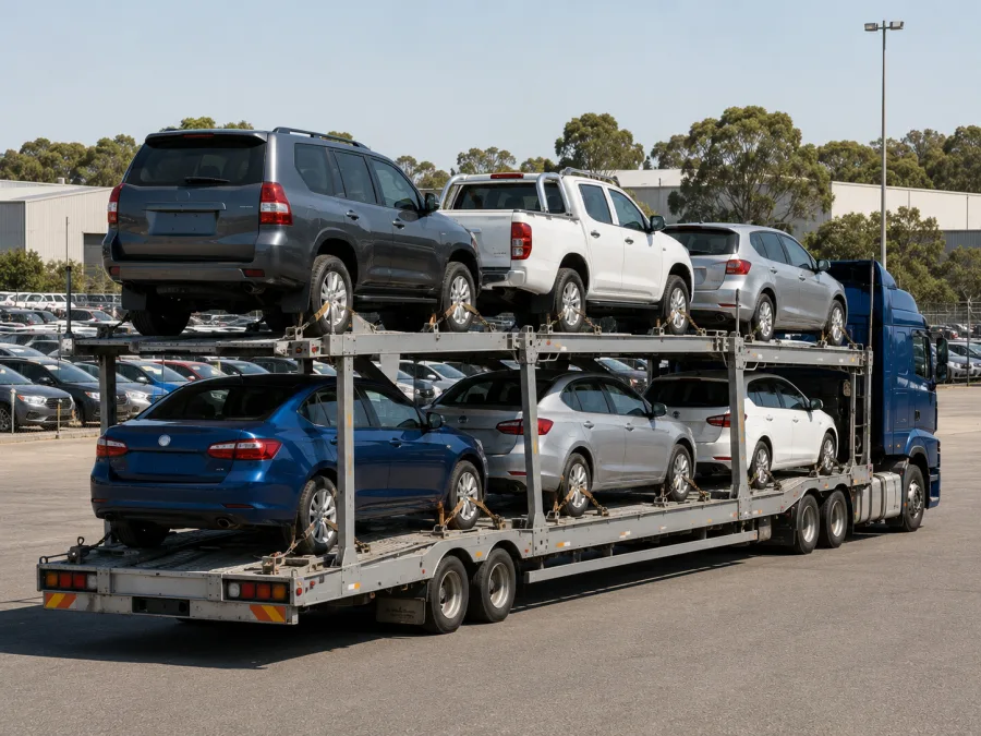 Loaded two-deck car carrier at a vehicle yard in Sydney's west