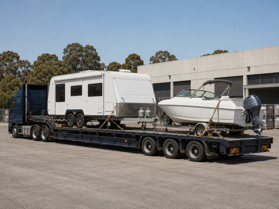 Caravan and boat loaded together on a drop-deck at a Sydney yard