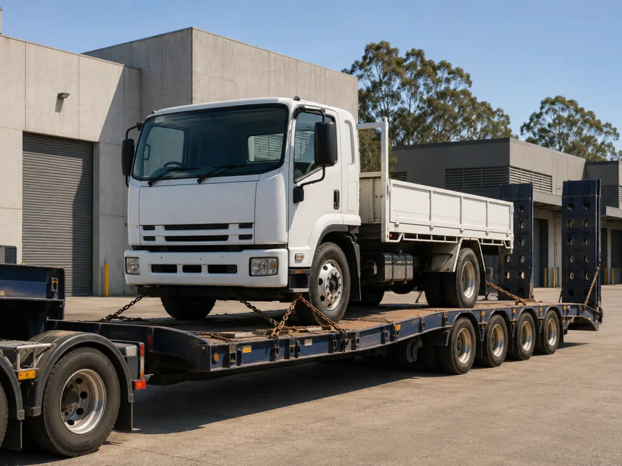 Rigid truck chained on a low-loader at a Sydney depot