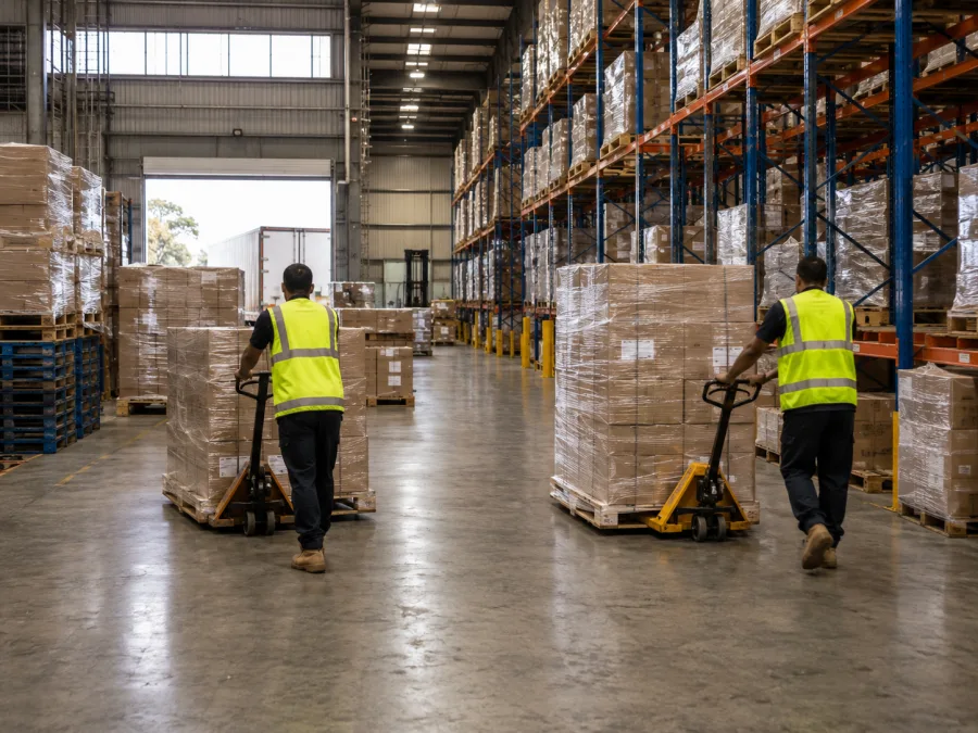 Workers moving pallets inside a Western Sydney distribution centre