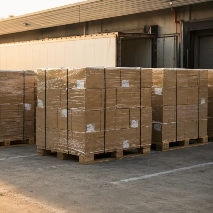 Palletised cased wine staged for the run east to Sydney