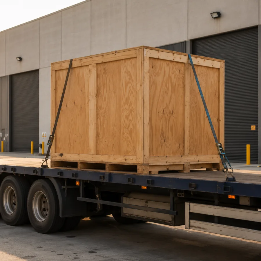 Crated machine strapped on a trailer at a Sydney industrial site