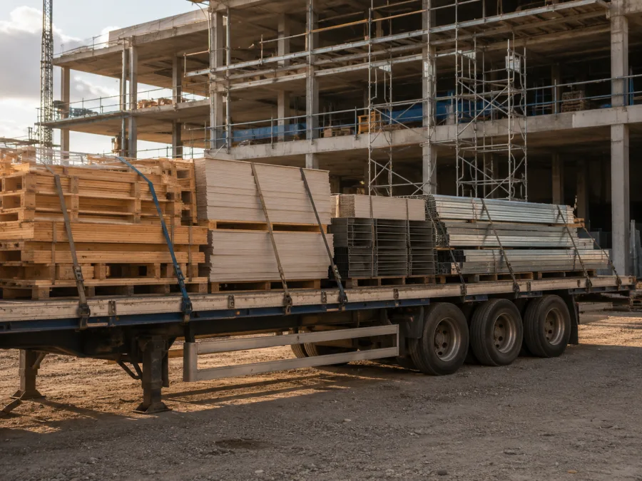 Timber and plasterboard on a trailer at a Sydney construction site