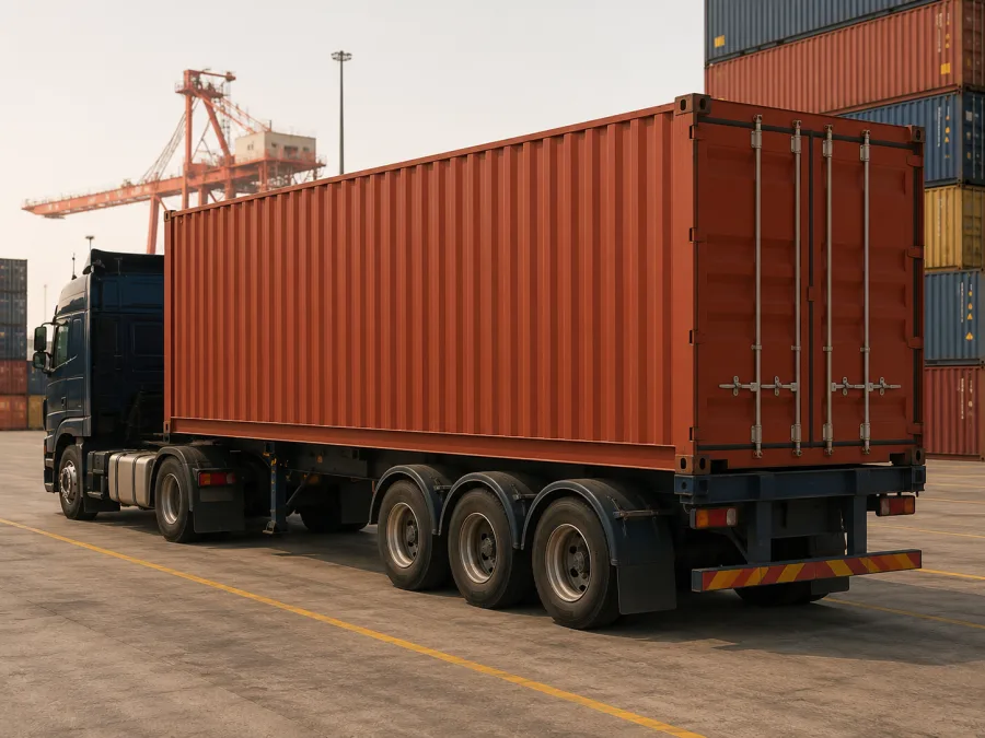 Container on a trailer at a Port Botany hardstand for the road leg