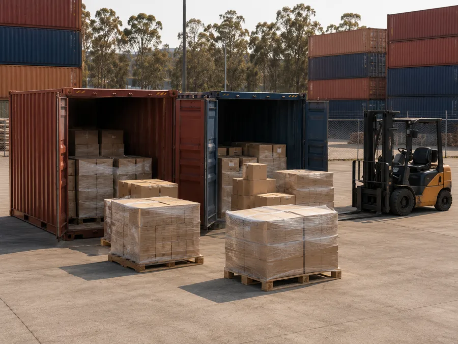 Containers being unpacked at a Sydney yard for the return run west