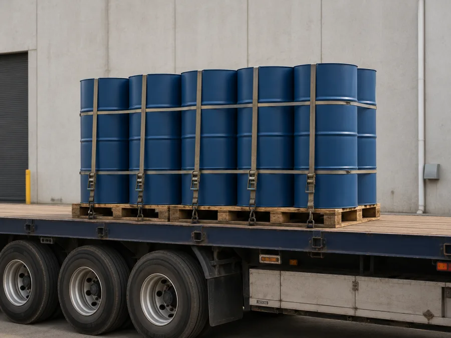 Sealed drums banded on a trailer at a Sydney industrial estate