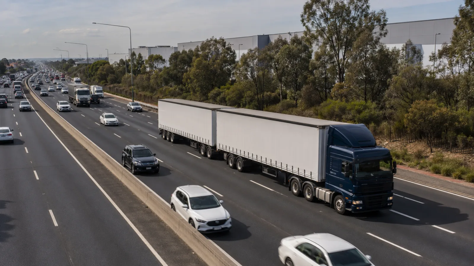 B-double on a Western Sydney motorway among heavy traffic