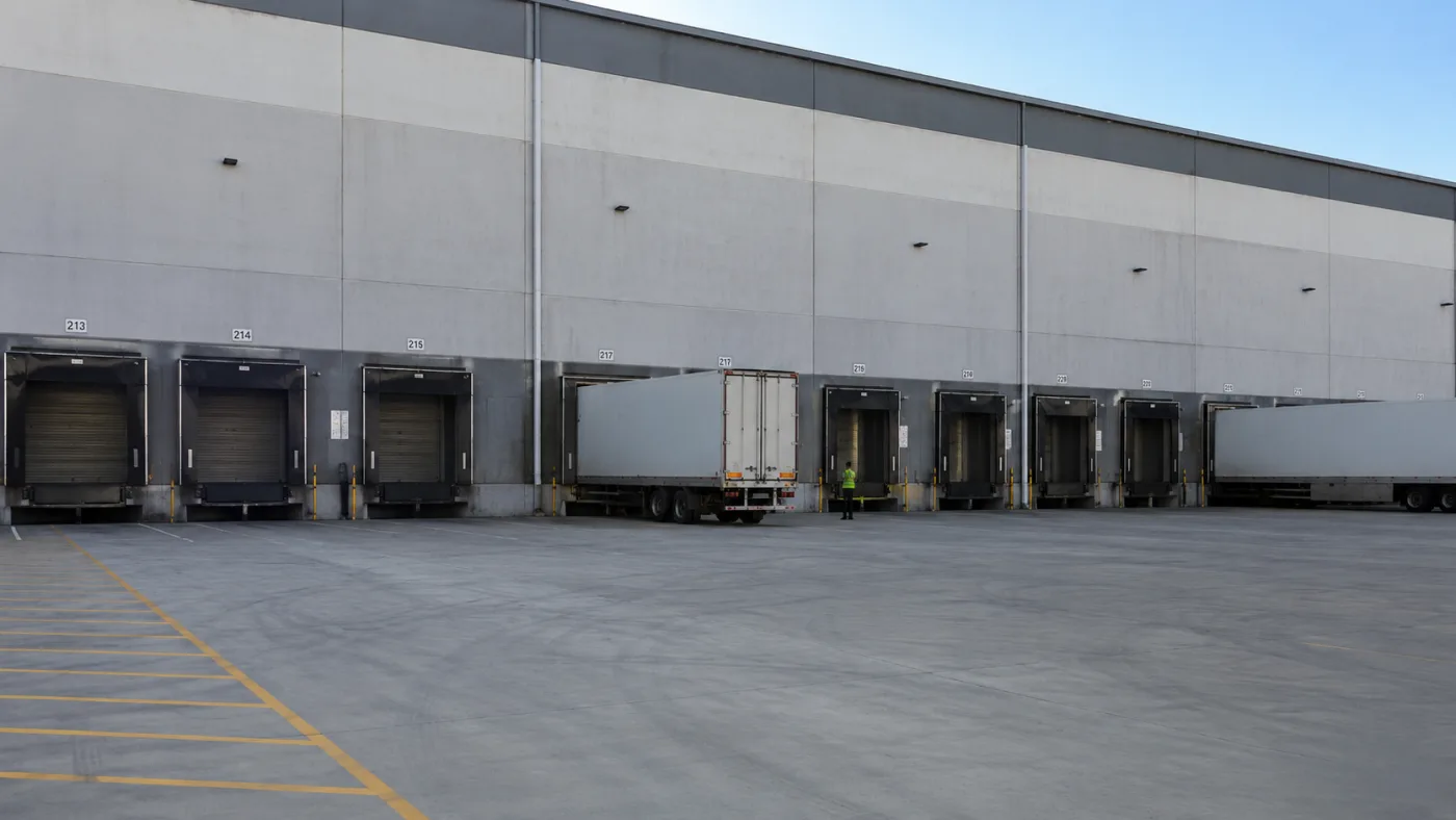Trailer docked against the scale of a Western Sydney distribution centre