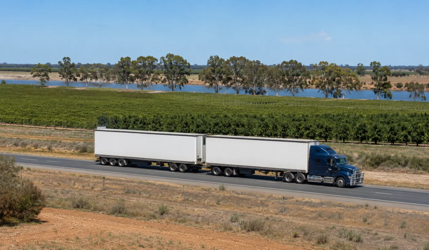 B-double on the Sturt Highway through Riverland vine country