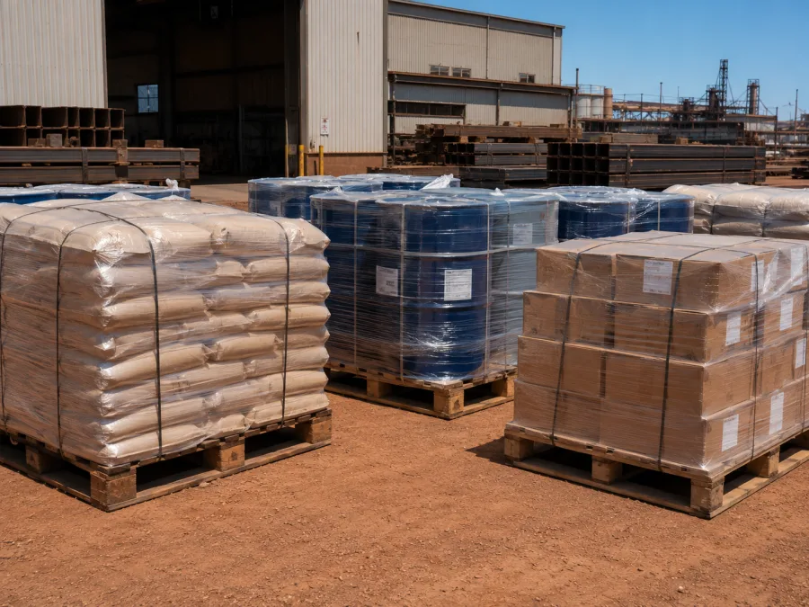 Palletised industrial consumables staged for delivery to Whyalla