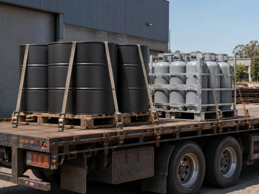 Sealed drums and cylinder pack banded on a trailer at an industrial yard