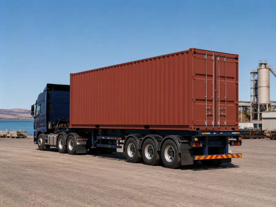 Container on a trailer at an industrial hardstand near the gulf