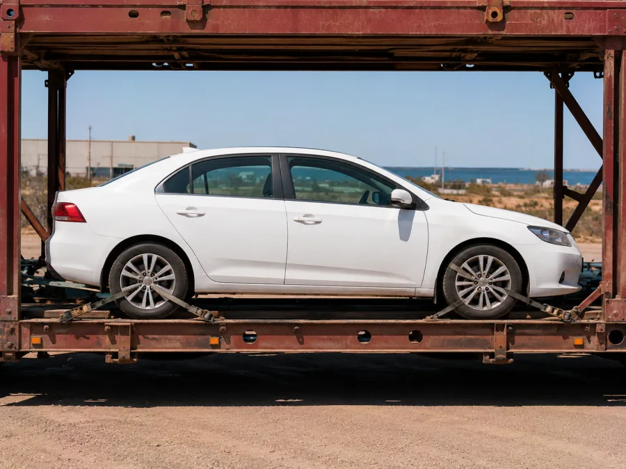 Car strapped on a carrier deck with the gulf industrial country behind