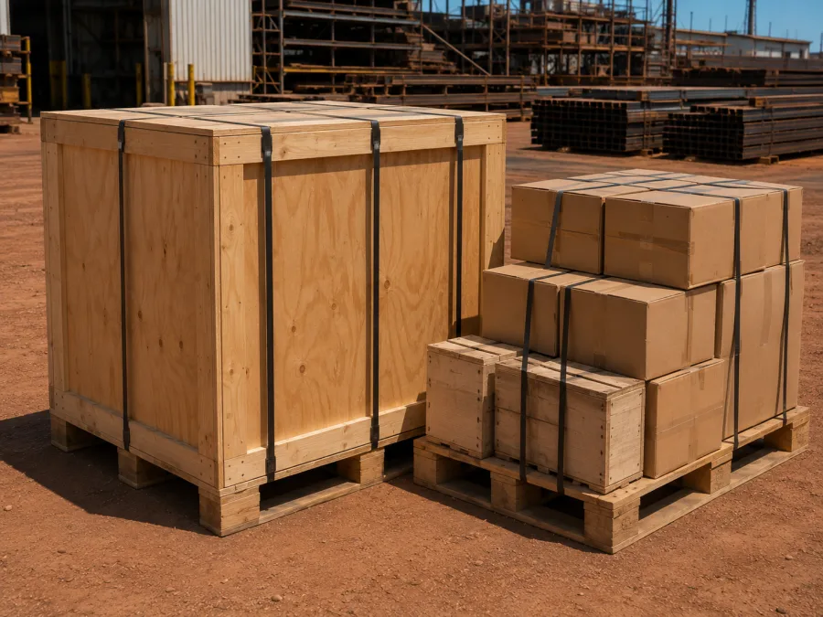 Crated engineering components palletised for an urgent industrial delivery