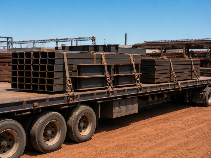 Banded steel sections and plate strapped on a flat-top trailer