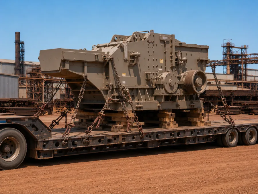 Industrial machine chained on a low-loader at a Whyalla site