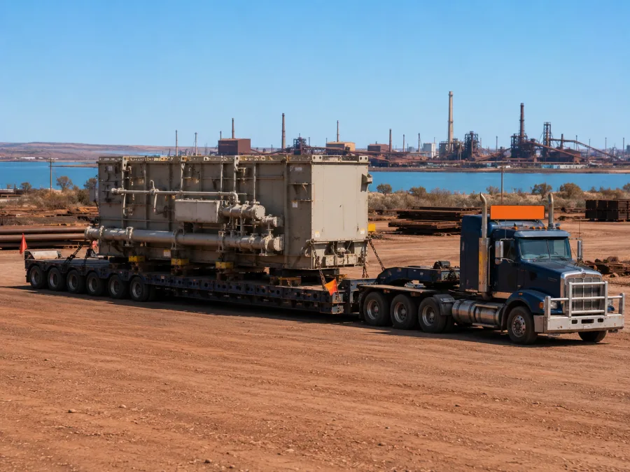 Over-mass industrial load on a low-loader at a gulf industrial yard