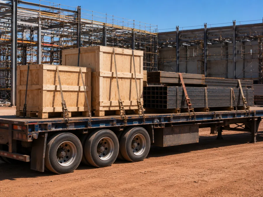 Crated project components delivered to an industrial construction area