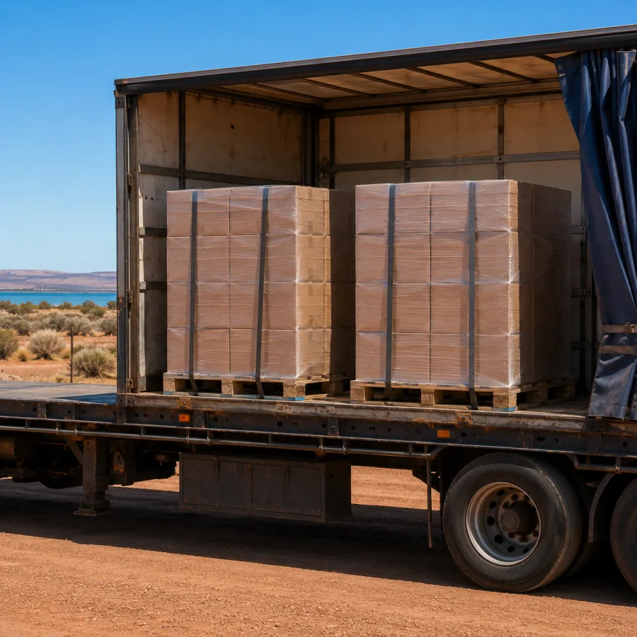 Wrapped pallets on a trailer with the gulf country behind