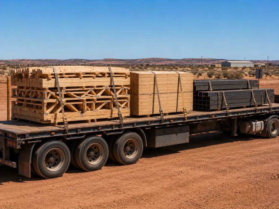 Timber and sheet materials on a trailer at a Whyalla building site