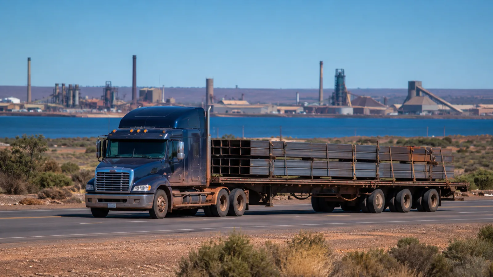 Trailer loaded with structural steel approaching Whyalla on Spencer Gulf