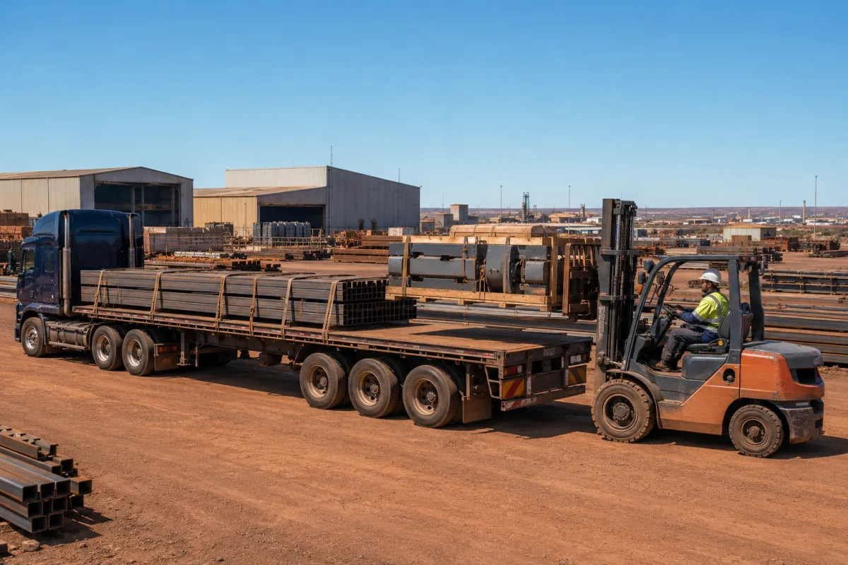 Forklift loading steel and crated components at an industrial yard