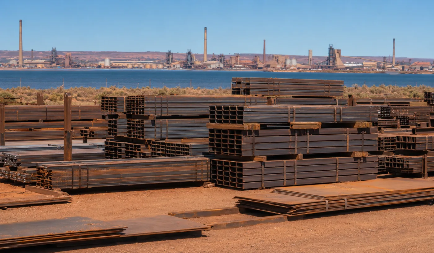 Stacked structural steel in a stockyard with the gulf behind