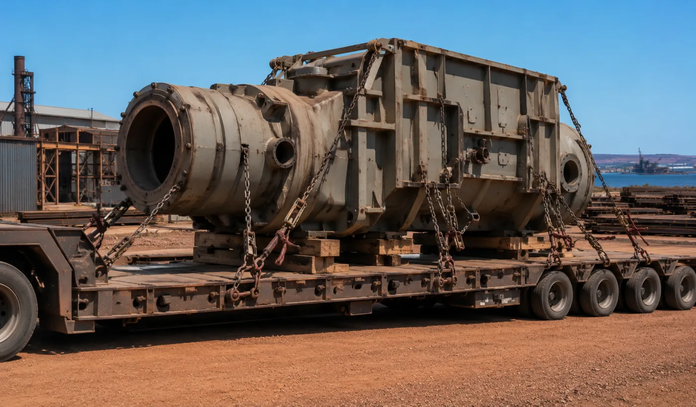 Heavy plant component chained to a low-loader with binders and dunnage