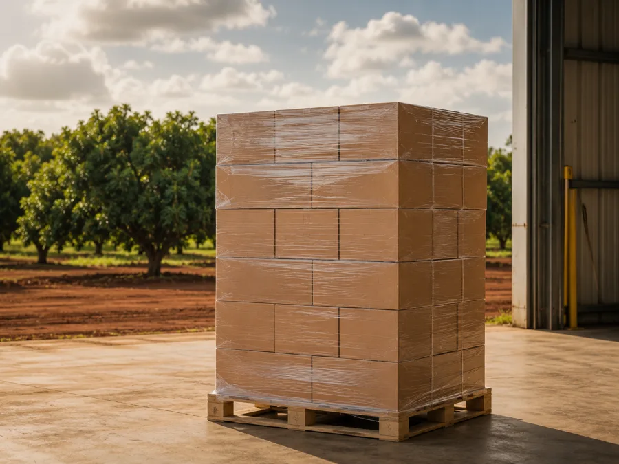 Wrapped produce cartons palletised at a Bundaberg packing shed