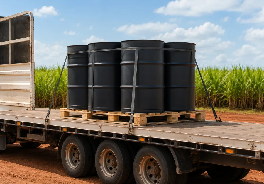 Sealed drums banded on a trailer with cane country behind