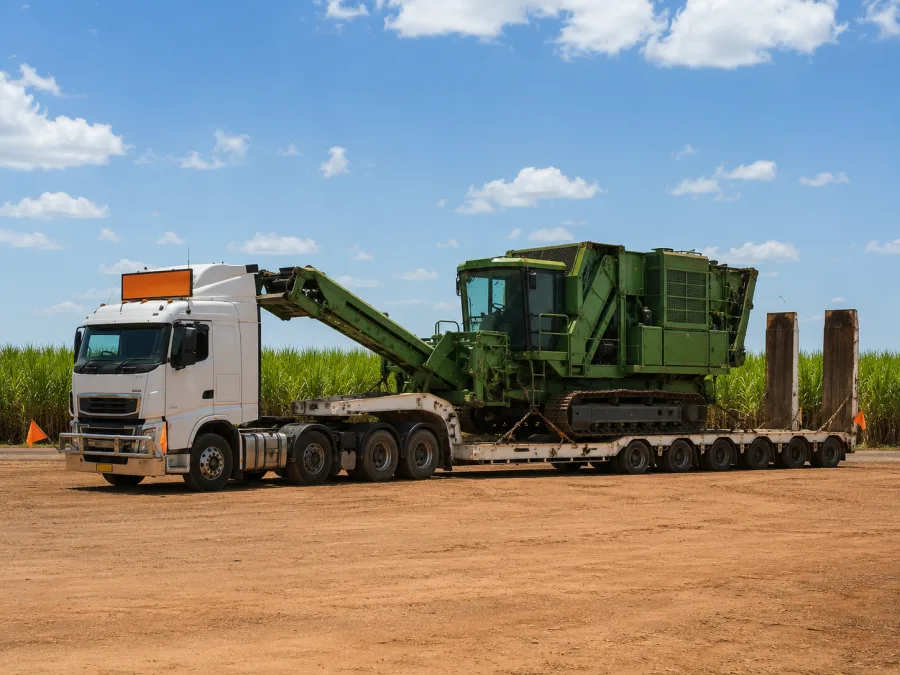 Oversize machine on a low-loader in the Bundaberg district