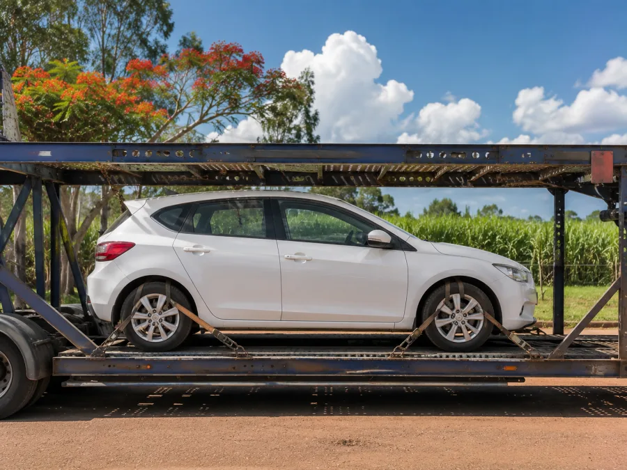 Car strapped on a carrier deck with Bundaberg cane country behind