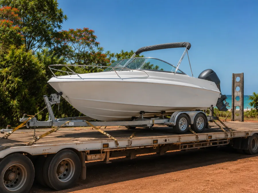 Runabout on a trailer loaded for the run to the Bundaberg coast