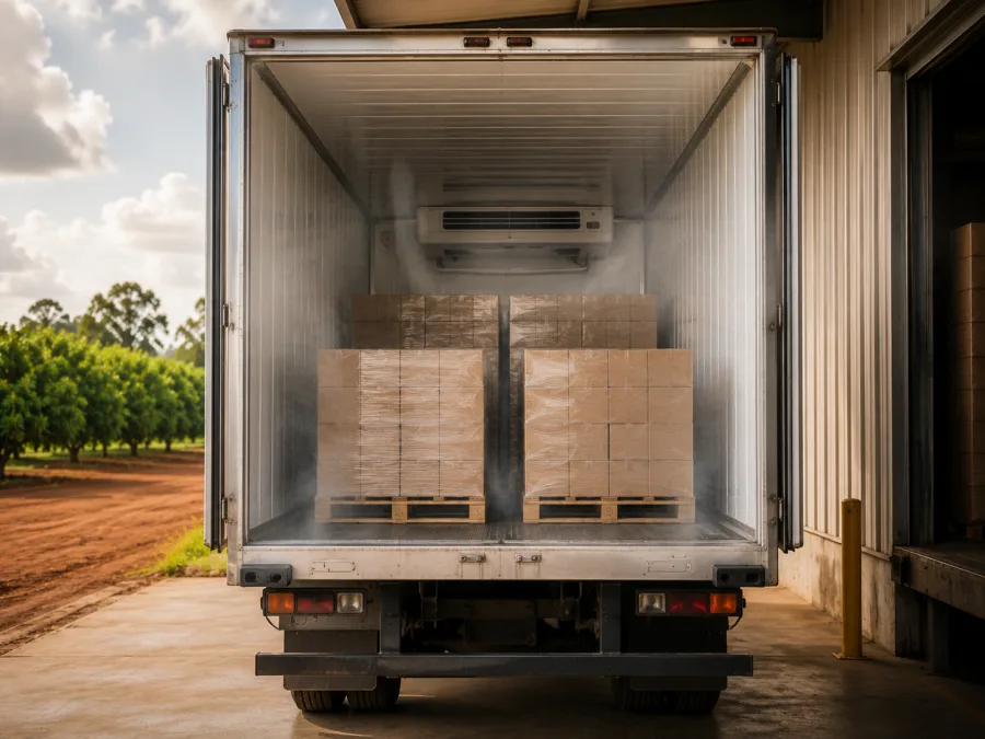 Open refrigerated trailer loaded with produce at a Bundaberg dock