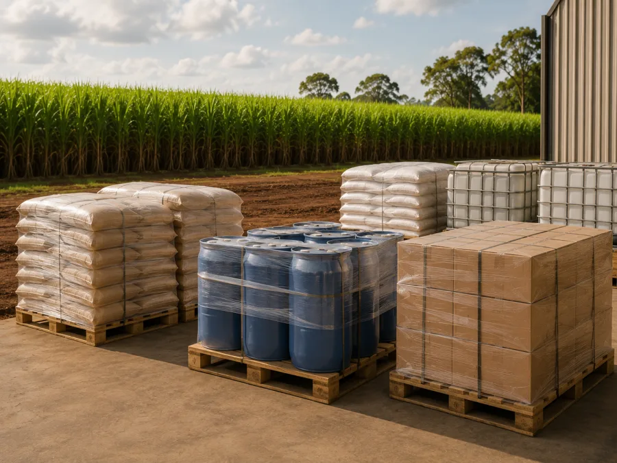Palletised consumables staged for delivery into the cane district