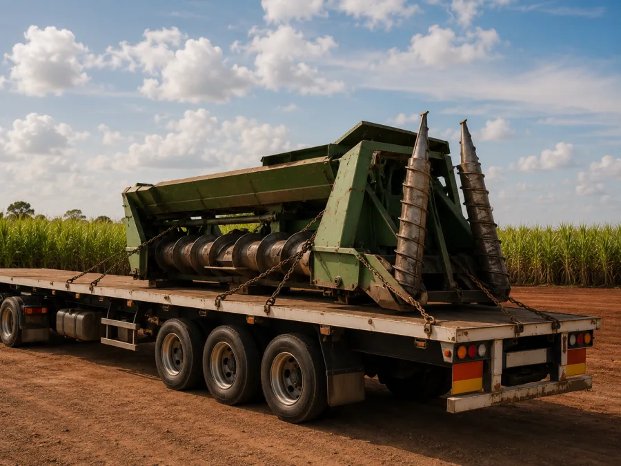 Farm machinery chained on a trailer in Bundaberg cane country