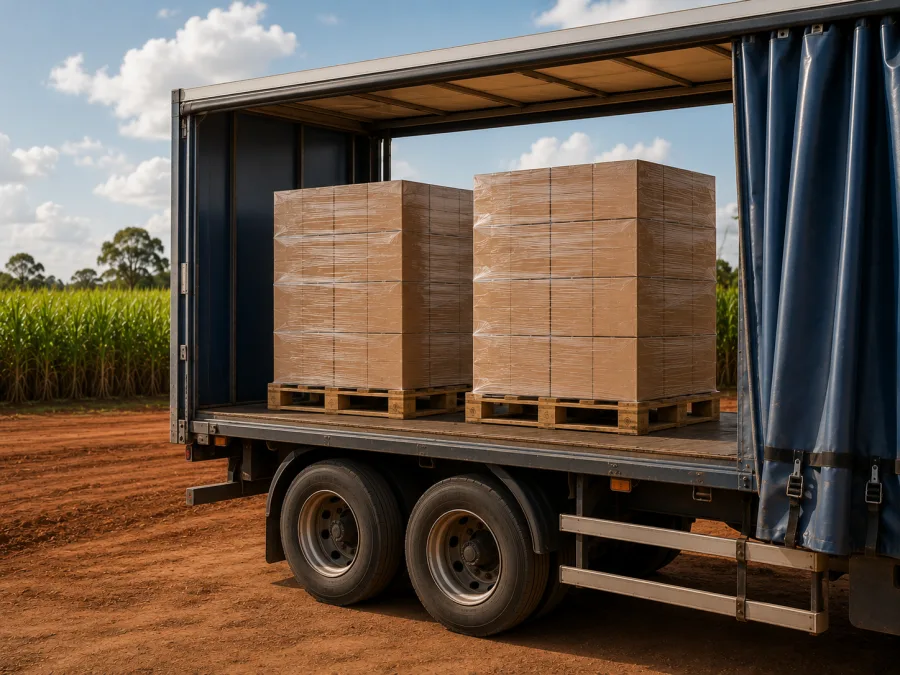 Wrapped pallets on a trailer with cane country behind