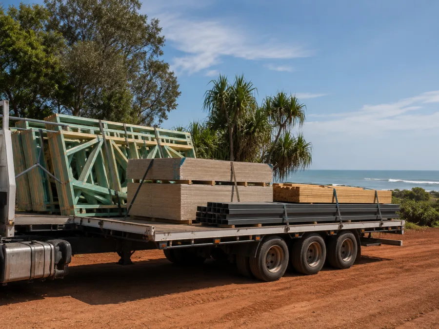 Timber and sheet materials on a trailer at a Bundaberg building site