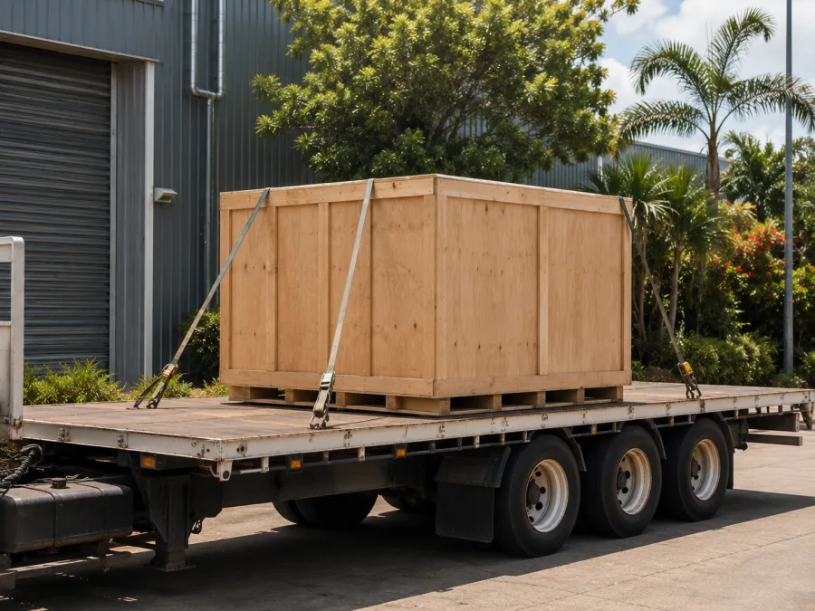 Crated machine strapped on a trailer at a Bundaberg industrial site