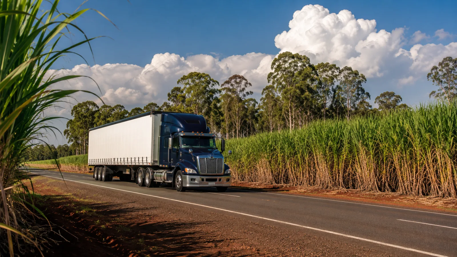 Semi-trailer on a highway between tall cane fields near Bundaberg