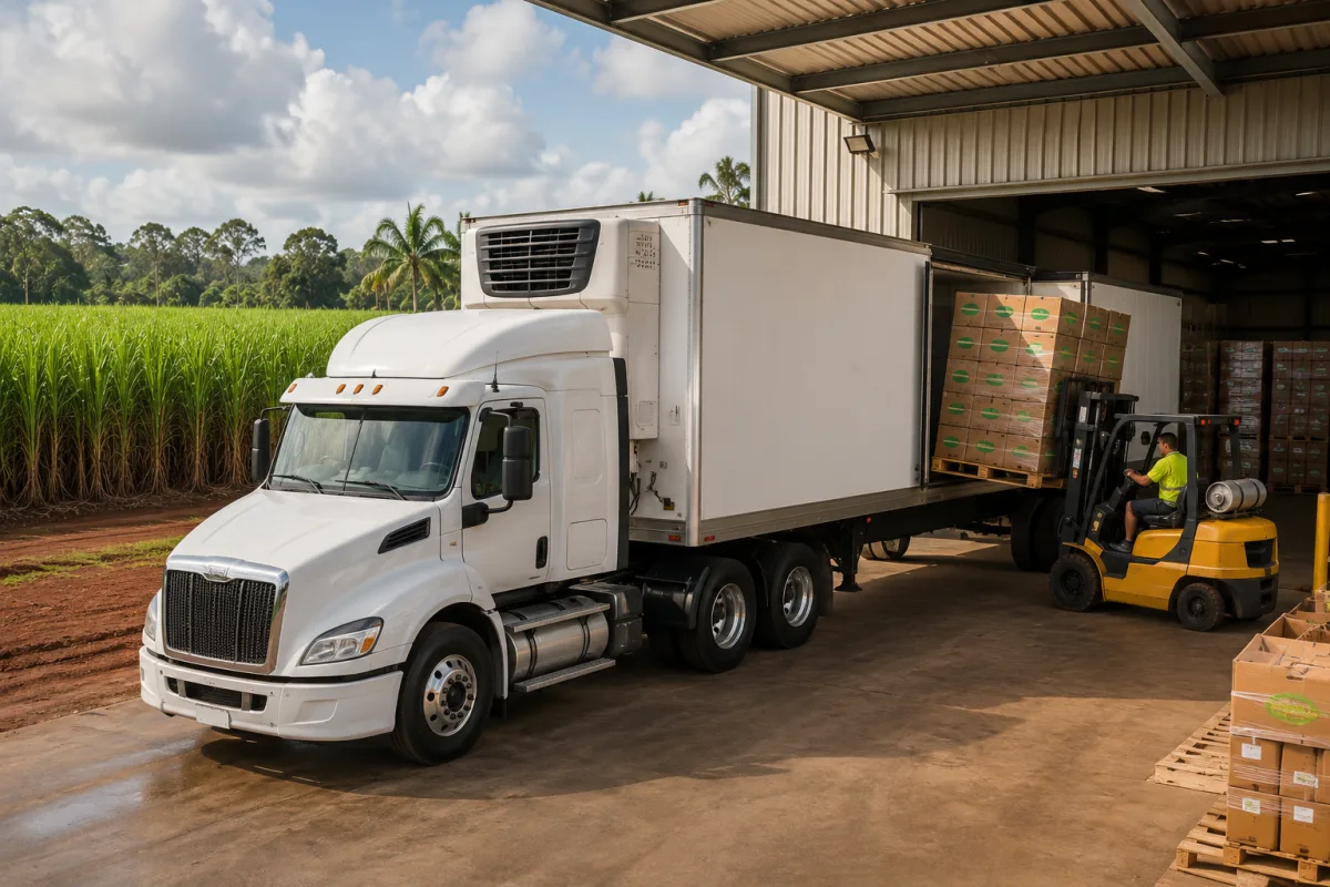 Refrigerated trailer loading produce at a Bundaberg packing shed